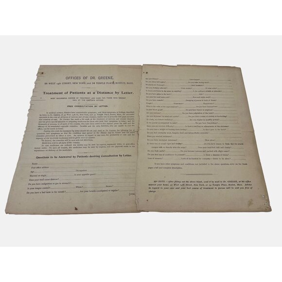 Dr. Greene Other - Antique Handwritten Sermon Notes Written On Long Distance Medical Questionnaire